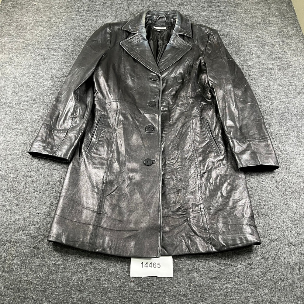 Avanti Trench Coat Womens Petite Large Black Leather Notch Lapel Button Front